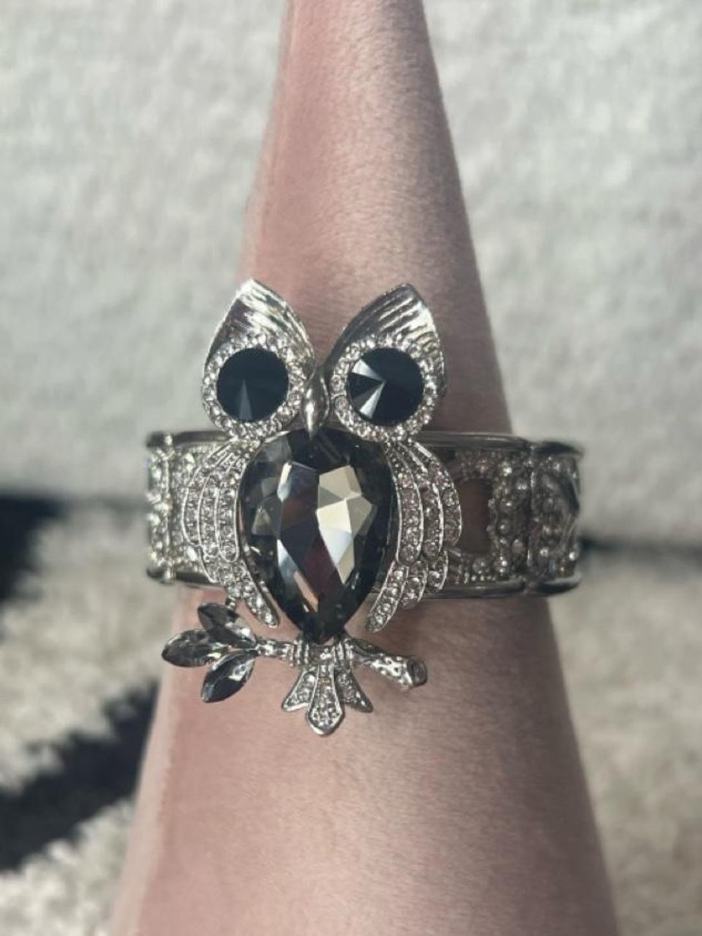Silver tone Owl Crystal rhinestone cuff bracelet detachable owl pin